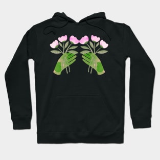 Green hand with pink flowers for you on black Hoodie